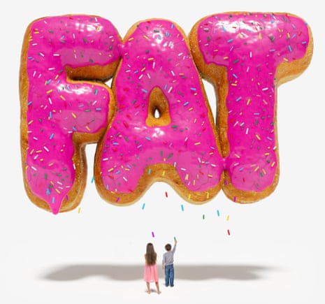 An illustration of the word 'fat' written in donuts with pink icing and two children below looking up at it