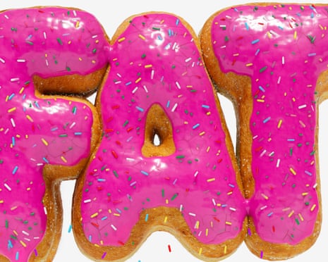 An illustration of the word 'fat' written in donuts with pink icing and two children below looking up at it