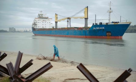 A ship on the River Danube near Izmail, Ukraine, a vital port for grain exports after Russia withdrew from the Black Sea agreement in July.