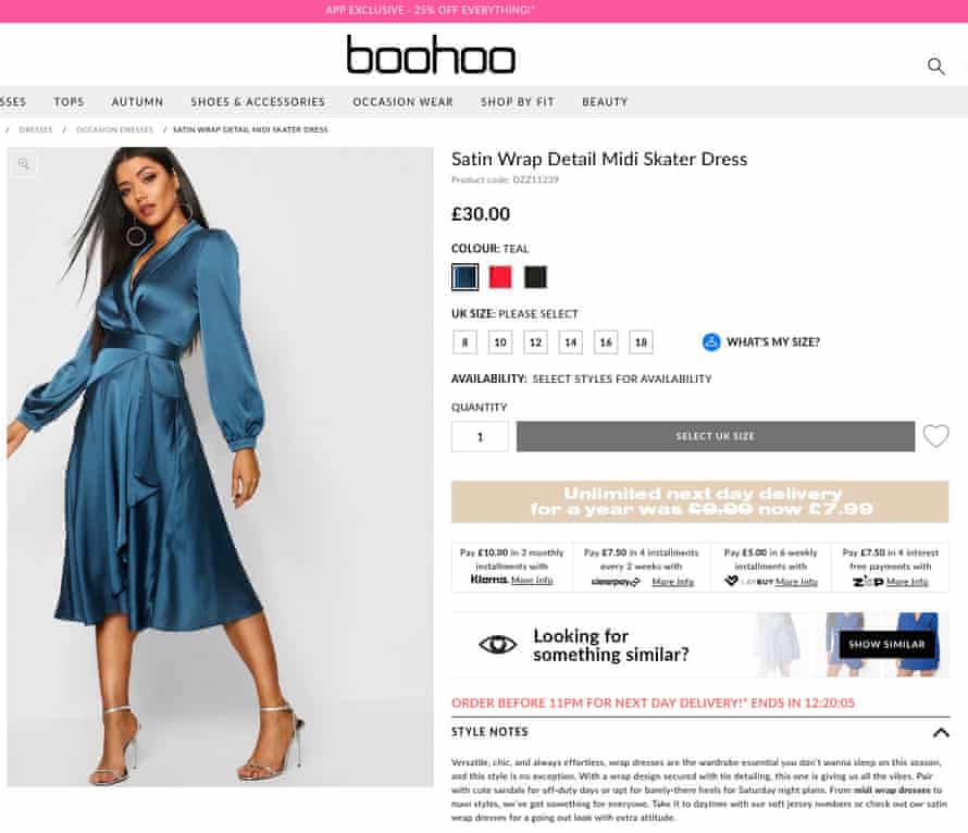 Boohooâ€™s skater dress on its website, show several payment options.