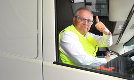 Australian Prime Minister Scott Morrison is seen inside a Volvo truck