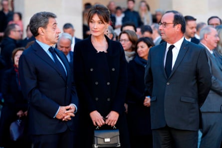 Former French presidents Nicolas Sarkozy (left) and François Hollande, with Sarkozy’s wife, Carla Bruni.
