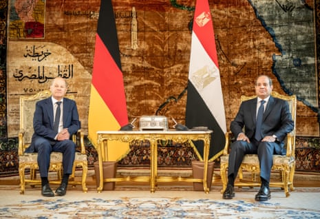 Olaf Scholz (left) meets Abdel Fatah al-Sisi during his visit to Cairo.