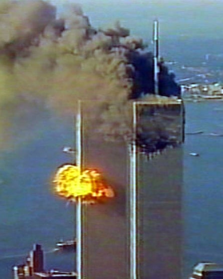 A second hijacked jet slams into in the south tower.