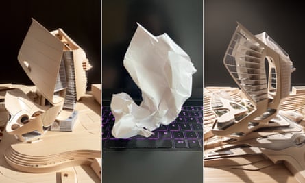The bleeding edge … LookX uses a piece of crumpled paper as a prompt to create buildings in the style of Frank Gehry (left) and Zaha Hadid (right).