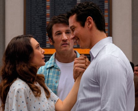 Elizabeth Olsen as Joan, Miles Teller as Larry Cutler and Callum Turner as Luke in Eternity.