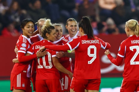 Bayern Munich’s Momoko Tanikawa (left) celebrates with teammates after opening the scoring against Valerenga.