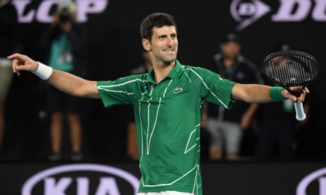 Novak Djokovic celebrates after beating Austria’s Dominic Thiem.