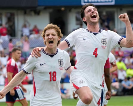 England’s Declan Rice, right, celebrates with teammate Anthony Gordon after scoring a goal against Costa Rica.