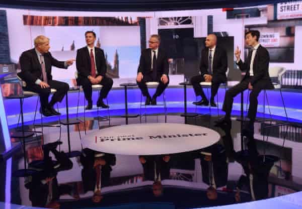boris johnson, jeremy hunt, michael gove, sajid Javid en rory stewart nemen deel aan een tv-debat op de BBC