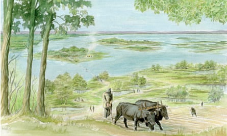 Artist’s impression of Bronze Age Thames-side farming on the Greenwich Peninsula.