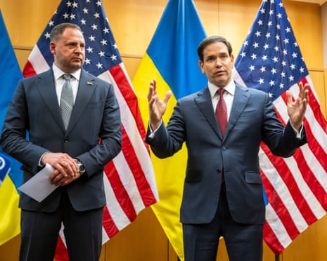 Head of the Office of the President of Ukraine Andriy Yermak, second right, and US secretary of sState Marco Rubio, right, talk to the press as their consultations continue at the US Mission to International Organizations in Geneva, Switzerland.