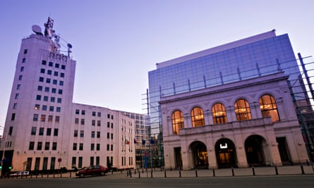 The Telephone Palace, on the left, on Calea Victoriei, Bucharest, Romania.