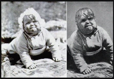 Composite of two black and white images of babies, meant to be Hitler aged one