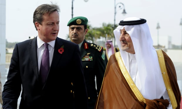 Prince Khalid bin Faisal bin Abdulaziz welcomes  David Cameron as he arrives in Jeddah in 2012 to push for more arms sales.