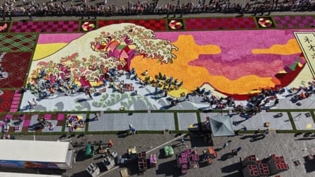 An in-progress image of a recreation of Hokusai Great Wave on the Grand Place in Brussels, Belgium on 13 August 2026.