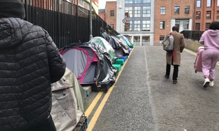 Asylum seekers camp in a lane beside Ireland’s International Protection Office in Dublin.