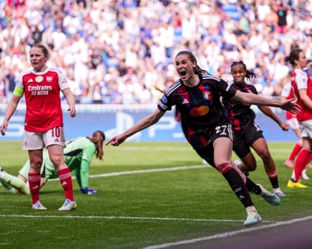 OL Lyonnes v Arsenal FC - UEFA Women's Champions League 2025/26 Semi-Final Second LegDECINES-CHARPIEU, FRANCE - MAY 2: Jule Brand of Lyonnes celebrates her goal during the UEFA Women's Champions League 2025/26 Semi-Final Second Leg match between OL Lyonnes and Arsenal FC at OL Stadium on May 2, 2026 in Decines-Charpieu, France. (Photo by Lilou Cassin/Eurasia Sport Images/Getty Images)
