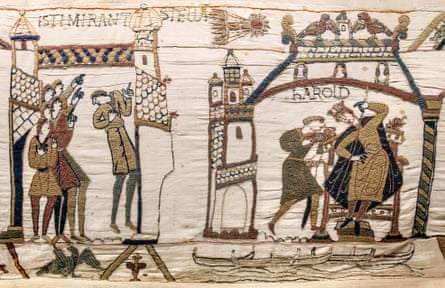 A detail from the Bayeux Tapestry showing Halley’s comet and Harold at Westminster.