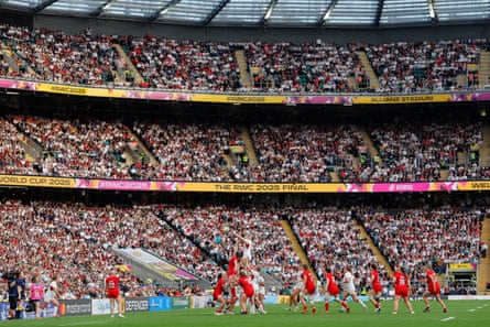 Rosie Galligan of England claims the lineout in the last play of the match, which was played in front of a world record attendance of 81,885.