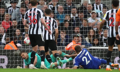 Leicester City's Timothy Castagne has his shot saved by Newcastle United's Nick Pope.