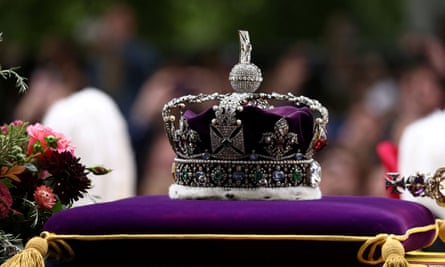 Theimperial state crown is seen on top of the coffin of Queen Elizabeth during her state funeral and burial in London in September 2022.