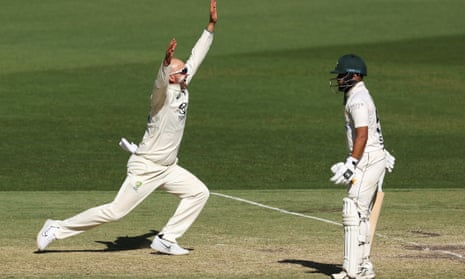 Australia off-spinner Nathan Lyon appeals to dismiss Faheem Ashraf of Pakistan lbw on day four of the first Test.