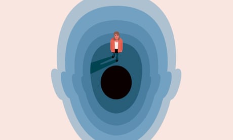 Illustration of cross section of a human head with concentric circles getting gradually darker and a woman standing near the centre of it