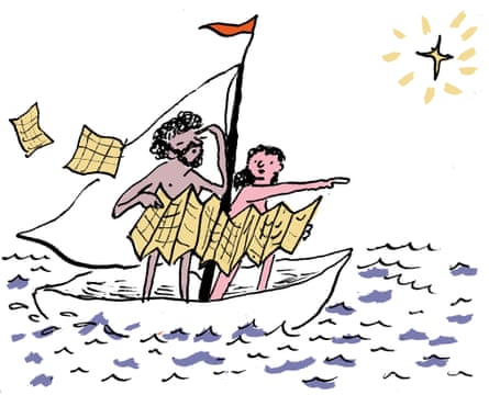 Illustration of a couple on a boat, holding a map, and the woman points while the man looks clueless