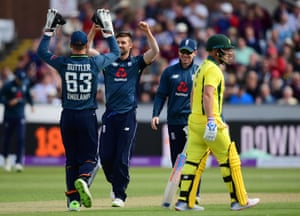 Wood celebrates taking Finch lbw.