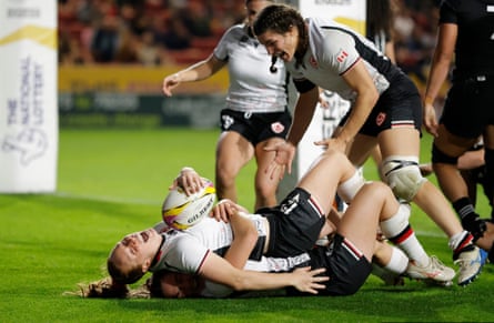 Alex Tessier of Canada celebrates scoring her side’s fifth try during their Women’s Rugby World Cup 2025 semi-final victory over New Zealand.