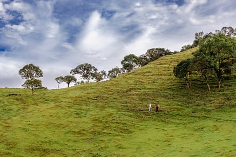 Duas figuras em uma encosta ondulada, com árvores e um céu azul nublado