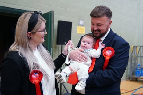 Chris Webb, the new Labour MP for Blackpool South, celebrating with his wife Portia and baby Cillian Douglas Webb after the byelection result was announced.