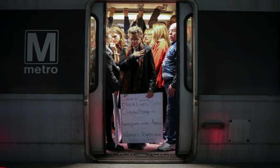 Women crowd the Metro in Washington DC on their way to the march.