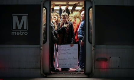 Women crowd the Metro in Washington DC on their way to the march.