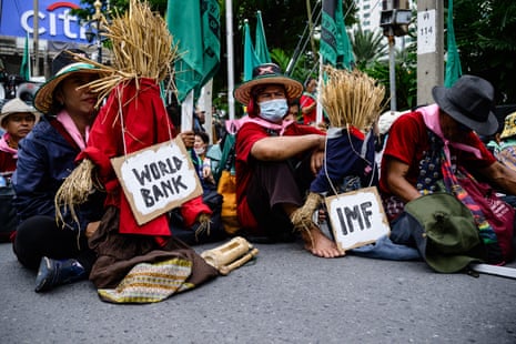 Demonstrators gather during a protest against the International Monetary Fund (IMF) and World Bank Group in Bangkok on October 16, 2026, as the IMF Annual Meetings take place in the Thai capital.