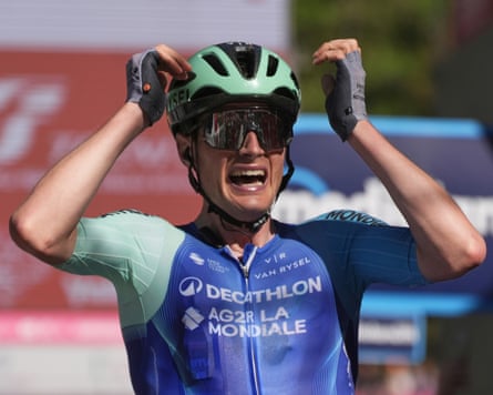 France’s Nicolas Prodhomme reacts after crossing the finish line at Champoluc.