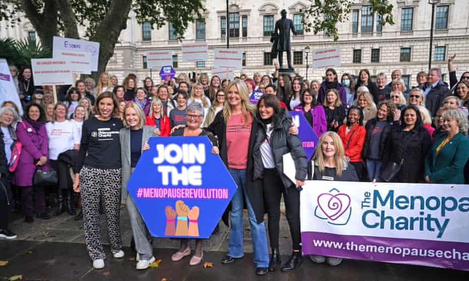 (From left to right) Dr Louise Newson, Mariella Frostrup, MP Carolyn Harris, Penny Lancaster and Davina McCall with protesters outside parliament in October 2021 demonstrating against ongoing prescription charges for HRT.