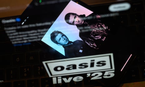 photo illustration mostly in black and white of superimposed phone screens showing a post on X, a photograph of the Gallagher brothers, and a logo reading Oasis live '25