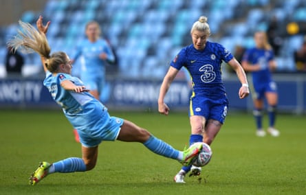 Alex Greenwood tackles Bethany England of Chelsea during Women’s FA Cup semi-final last October