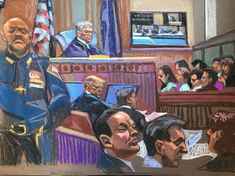 sketch of courtroom including judge, defendant, lawyer, security guard and jurors