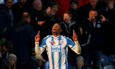 Rajiv van La Parra celebrates scoring Huddersfield’s first goal against West Brom.
