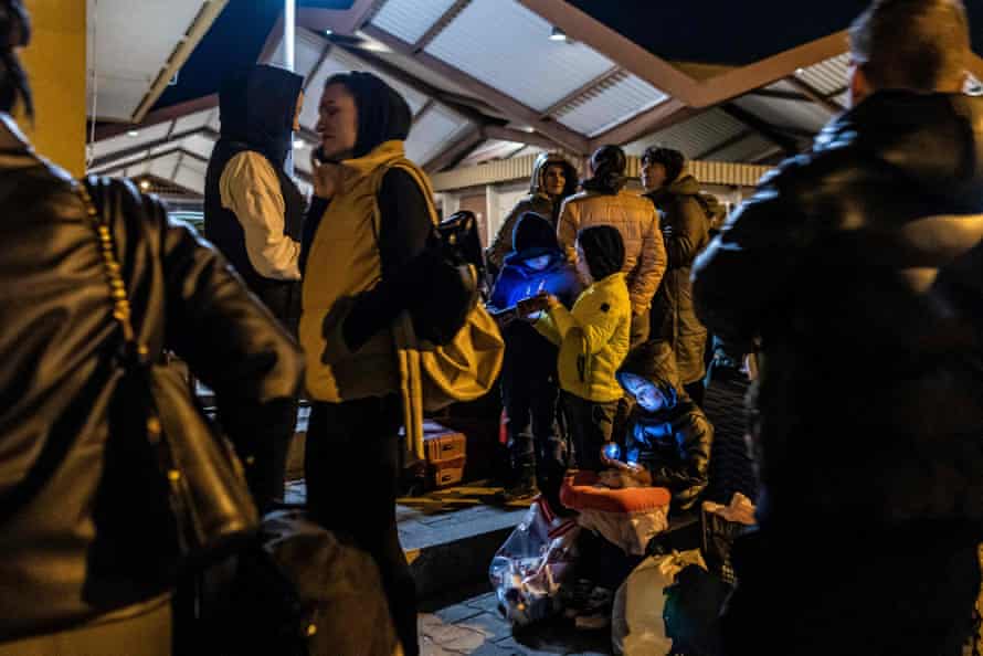 People queue for the train to Kiyv at the railway station in Przemysl.