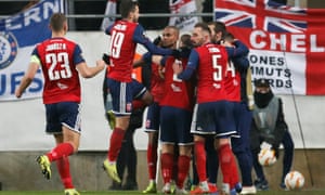 Vidi’s Loic Nego is congratulated by his teammates after his sumptuous strike.