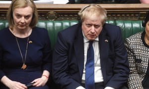 Liz Truss and Britain’s prime minister, Boris Johnson, in the House of Commons, Westminster, London.