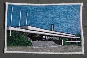 Another view of the exterior of Royal Commonwealth Pool as created in embroidery by designer Lauras Lees.