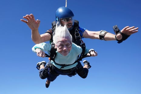 Dorothy Hoffner, 104, skydives with tandem jumper Derek Baxter on 1 October at Skydive Chicago in Ottawa, Illinois.