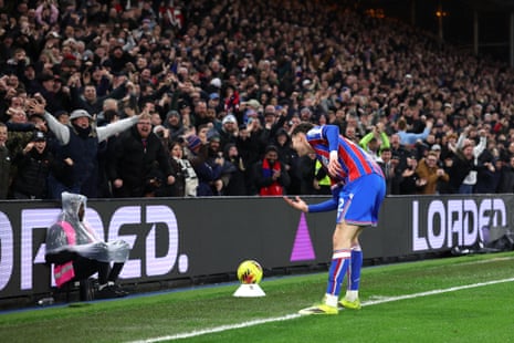 Jorgen Strand Larsen of Crystal Palace celebrates scoring his team's first goal.