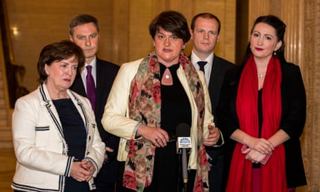 DUP leader Arlene Foster (centre) with party colleagues after talks at Stormont House.