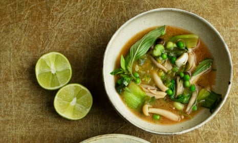 ‘Miso paste lasts for ages in the fridge’: miso soup, spring vegetables.